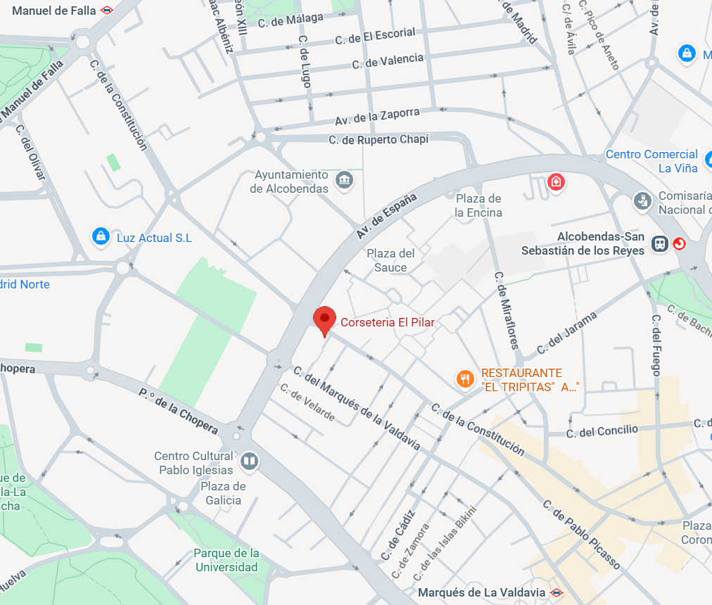 Mapa de Corsetería El Pilar, con las estaciones de metro Manuel de Falla y Marqués de la Valdavia y la estación de Cercanías de Alcobendas-San Sebastián de los Reyes.